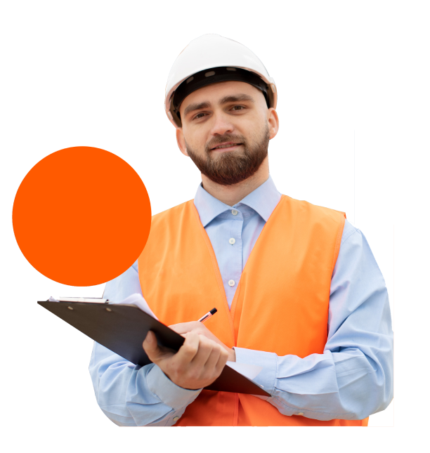 Beard man holding pen and paper board wearing orange construction suit and helmet.